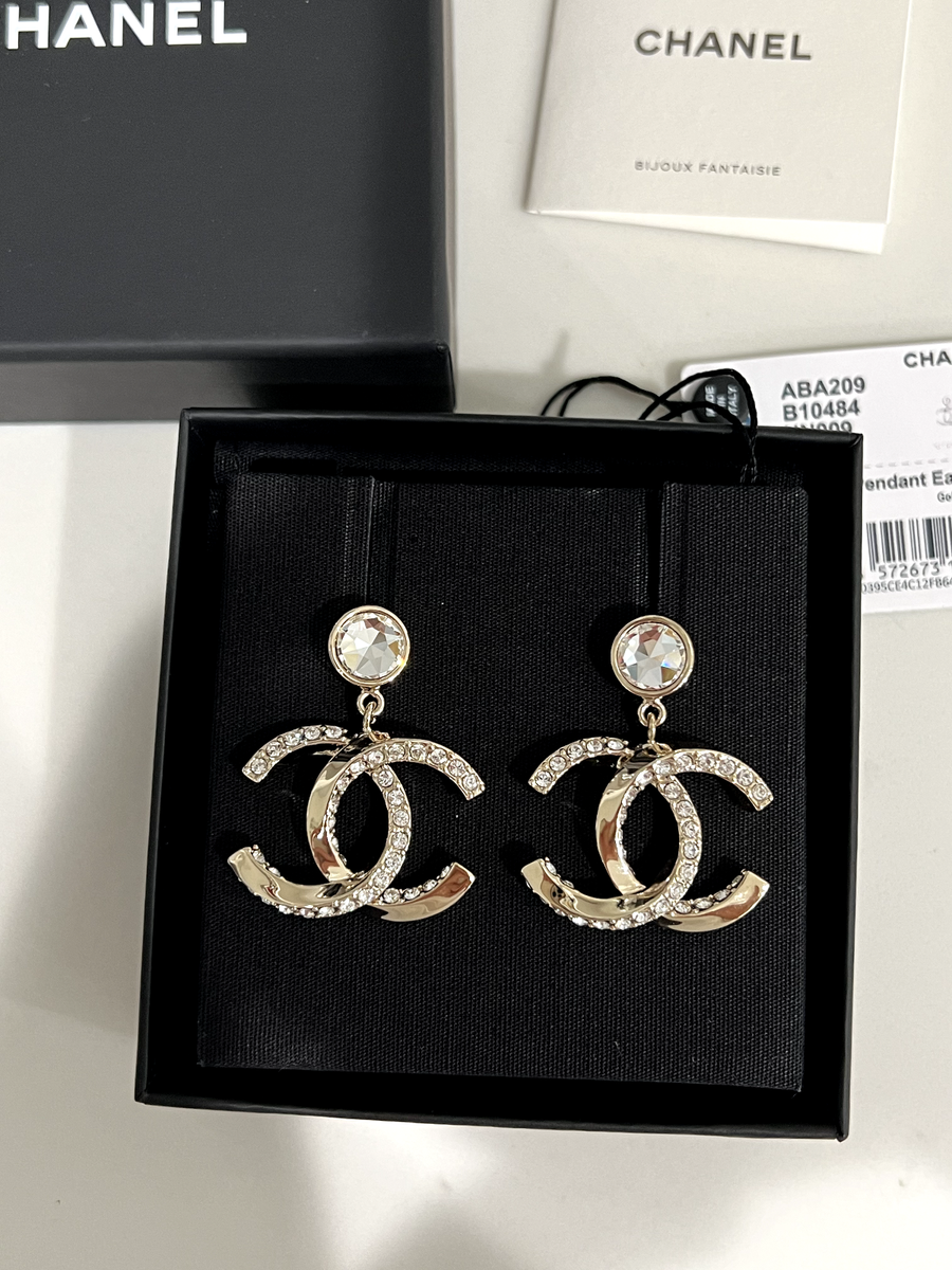 Chanel 23B Gold Crystal CC Logo Classic Statement Stud Pendant