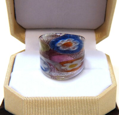 Boho Art Purple & abstract Floral theme Hand Blown Glass Bling Ring size 9.75