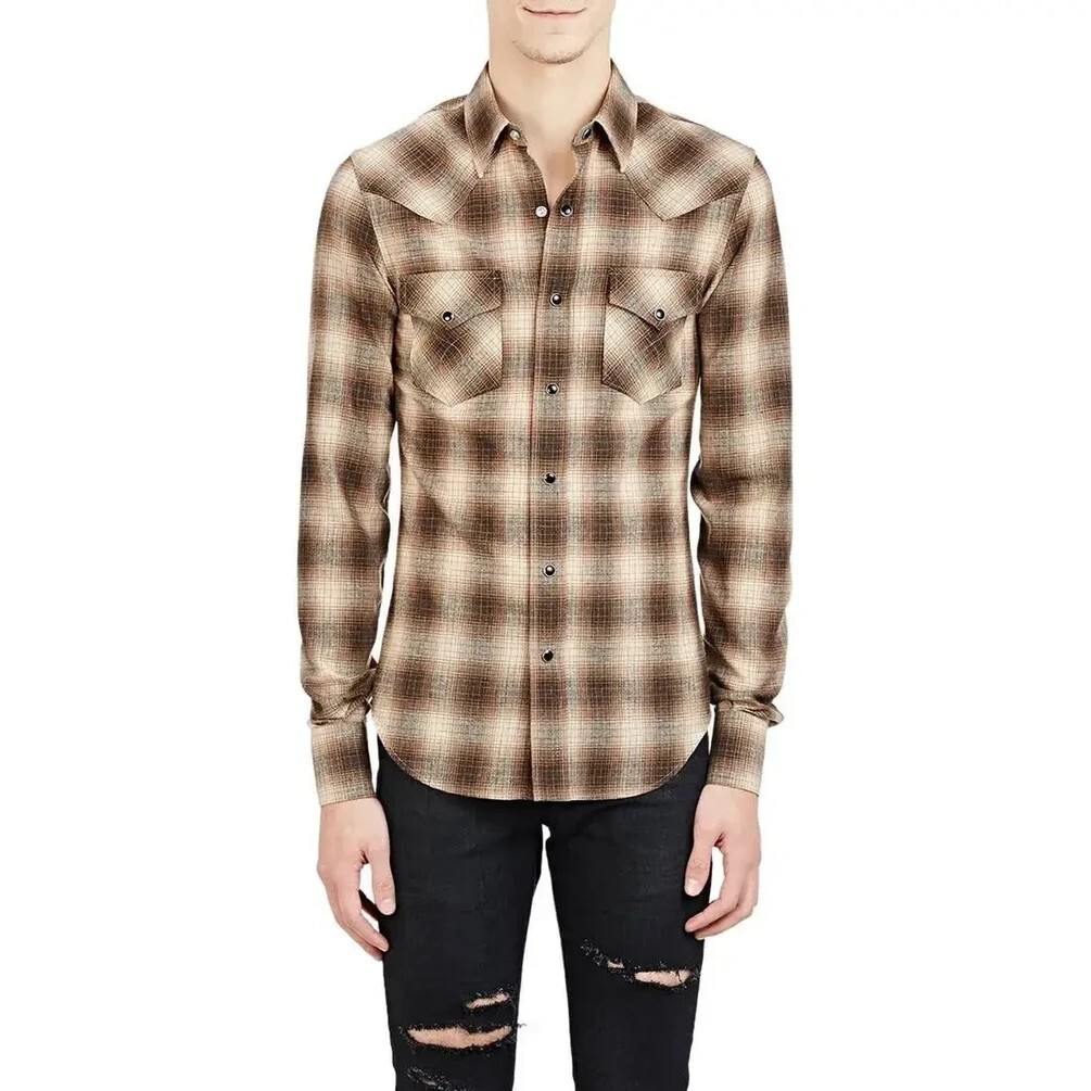 Saint Laurent Paris Brown Western Flannel Shirt Size Small | eBay