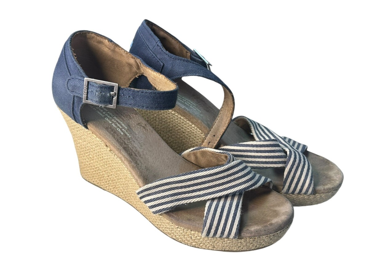 TOMS Navy University Wedge Sandal Striped Espadrilles Heel  display picture 1