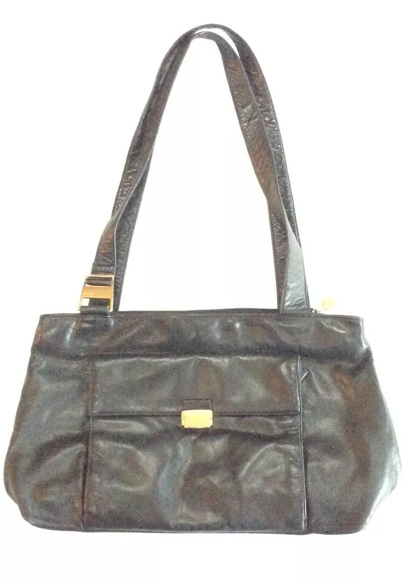 Perlina Black Leather Handbag Satchel Tote Purse Double Shoulder Strap