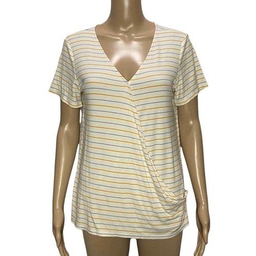 Neu mit Etikett Loft V-Ausschnitt creme gestreift gerippt Wickel Top Knopf Akzent Größe Medium - Bild 1 von 8