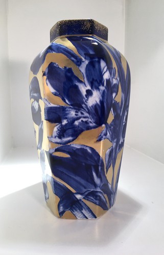 Antike englische Thomas Forester Vase, blau mit goldenem Blumendesign, um 1910
