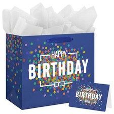 13" Large Happy Birthday Gift Bag Blue with Greeting Card and Tissue Papers f...