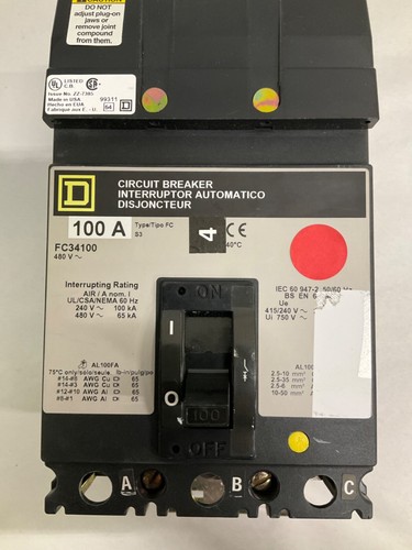 SQUARE D FC34100 100 AMP I-LINE CIRCUIT BREAKER 3 POLE 480V - Picture 2 of 4