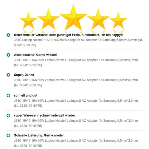J38C Laptop Netzteil 19V 3,16A 60WLadegerät  AC Adapter für Samsung 5,5mm*3,0mm - Bild 4 von 8