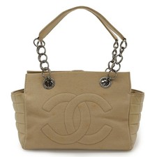Chanel Canvas Leather Chain Tote Bag Women Beige One Size