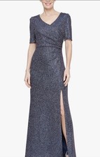 Alex Evenings Metallic-Knit Formal Dress Size 14 Navy/Gold Metallic 189 NEW