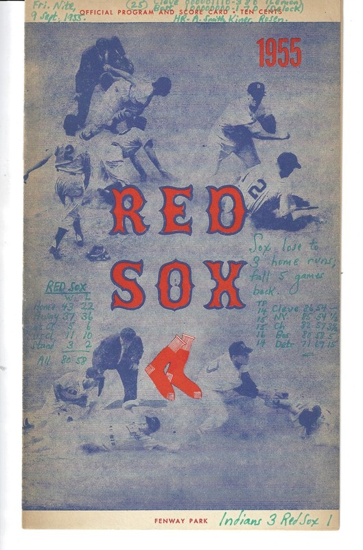 SEPT 9, 1955 PROGRAM-RED SOX VS INDIANS-LEMON WIN-SMITH, KINER, ROSEN HOME RUNS