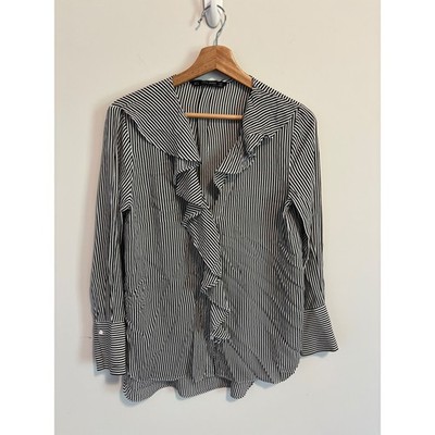 Zara Basic Black White Striped Ruffle V-Neck Blouse Long Sleeve Top Small