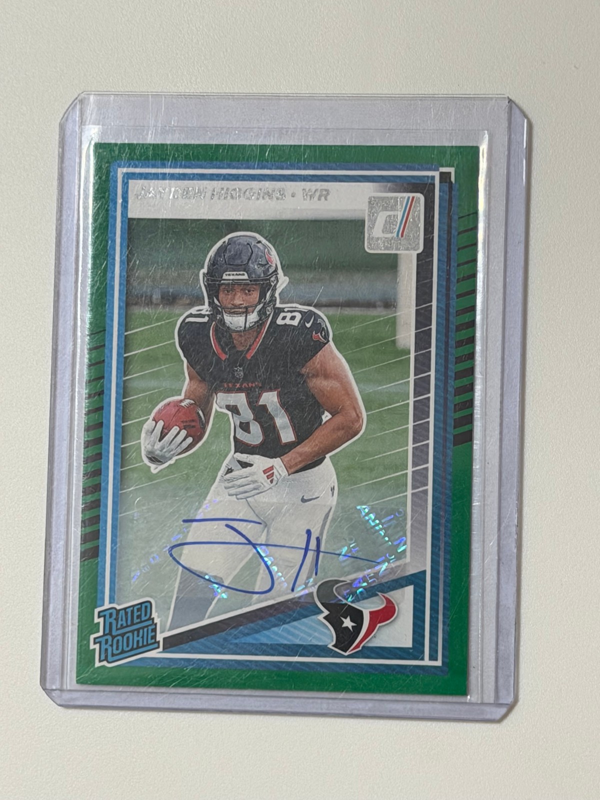 2025 Donruss Jayden Higgins Rated Rookie GREEN Auto RC #334 Houston Texans RAW