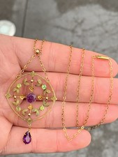 9Ct Gold Amethyst And Peridot Period Art Nouveau Exceptional Pendant Necklace