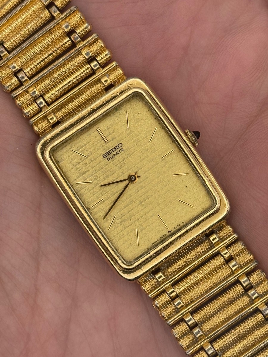1995 Vintage Seiko Men's Gold-Tone Tank Watch w/Ladder Bracelet
