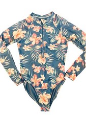 Wonder Nation Girls Swimsuit Sz L 10/12 Blue Long Sleeve Zip-Up One-Piece Hawaii