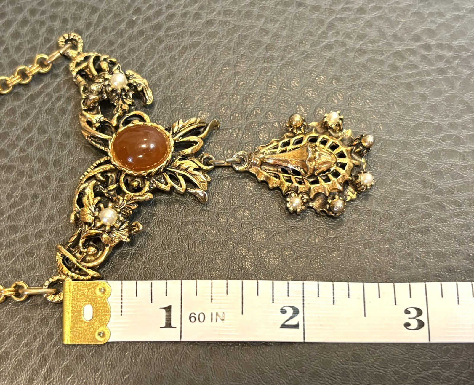 Vintage Victorian Revival Faux Carnelian Cabochon Faux Pearl Festoon Necklace