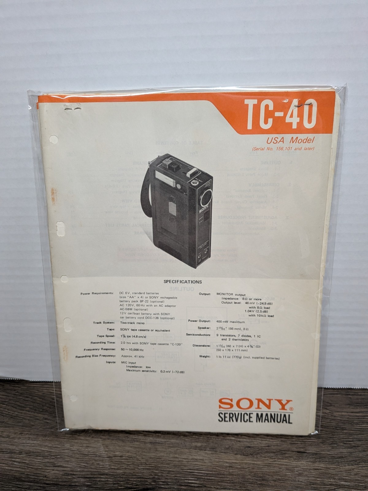 Sony TC-40 USA Model Cassette Recorder Service Manual Vintage Original Genuine