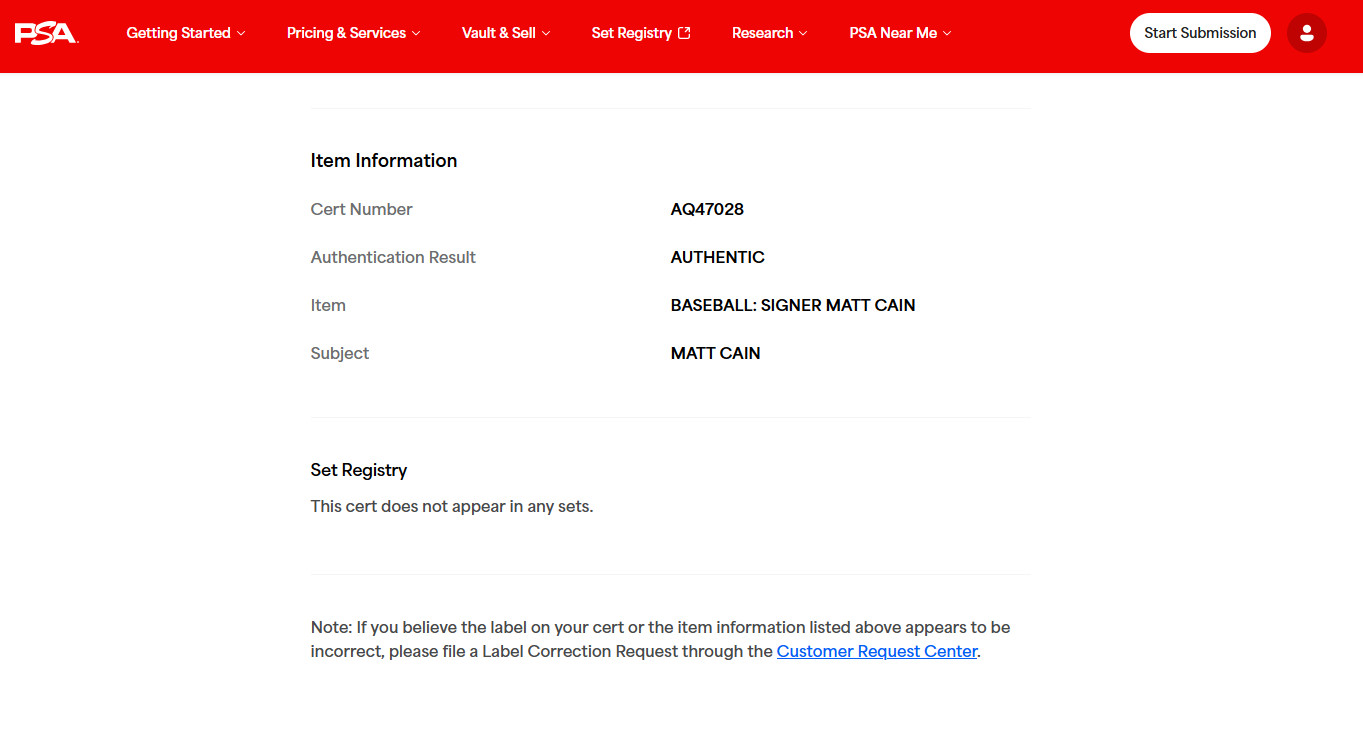 San Francisco Giants Matt Cain Autograph Baseball - PSA Authenticated view 6