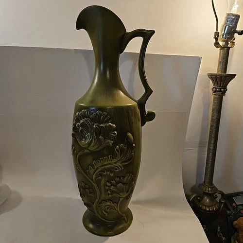 Vintage Royal Haeger Large  Ewer Or Pitcher Vase Drip Green Raised Floral Design