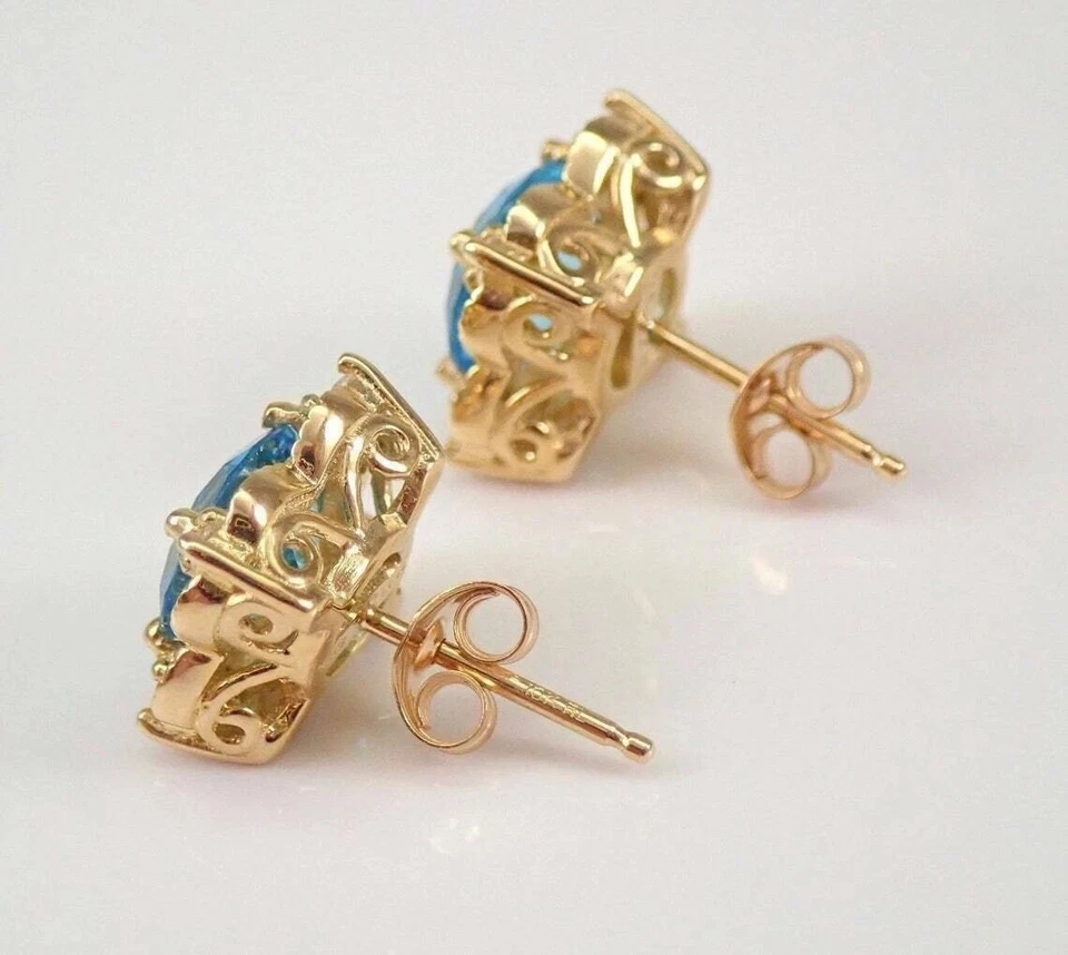 2.50Ct Round Cut Blue Topaz Halo Push Back Stud Earrings 14k Yellow Gold Plated - Image 4 of 4