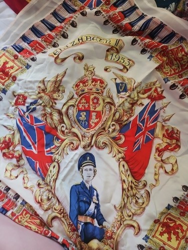 Vintage 1953 Queen Elizabeth II Coronation Commemorative Silk Satin Scarf