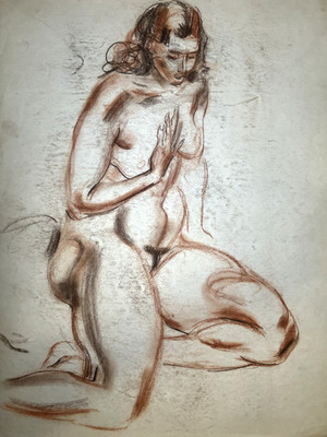 Sitting Female Figure Bertram Hartman 20th Century Conte Drawing-NYC Artist