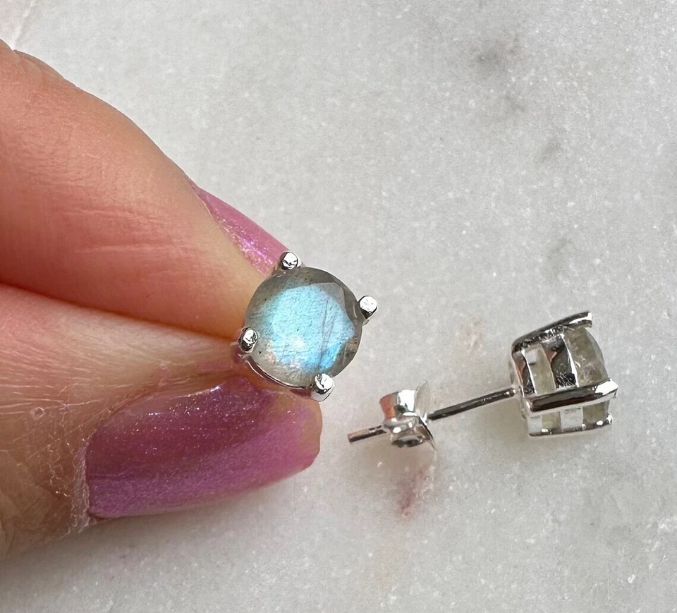Natural Labradorite Round Cut Stone 925 Sterling Silver Women Tiny Stud Earrings - Image 3 of 4