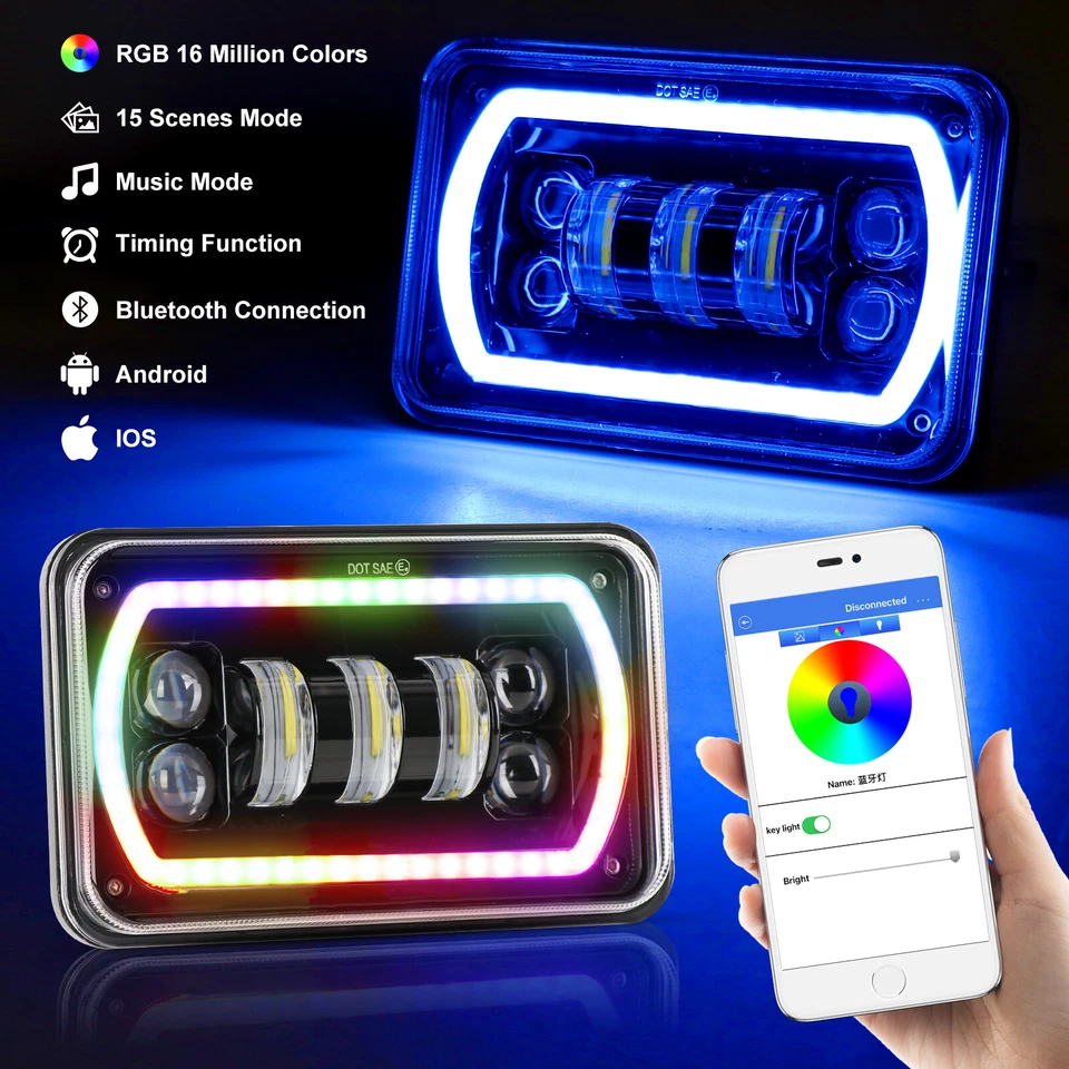 Par de faros LED RGB 4x6" DRL haz alto/bajo para Ford LTD Crown Victoria Mustang Foto 4 de 4