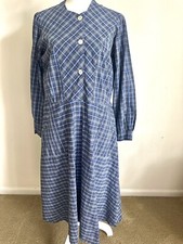 Vintage Handmade Prairie Dress Modest Homespun Blue Plaid Cotton Midi S/M