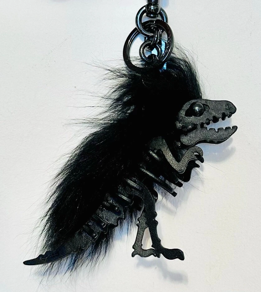 COACH REXY BLACK LEATHER DINOSAUR T REX LONG MOHAWK CHARM PUZZLE KEYCHAIN  FOB