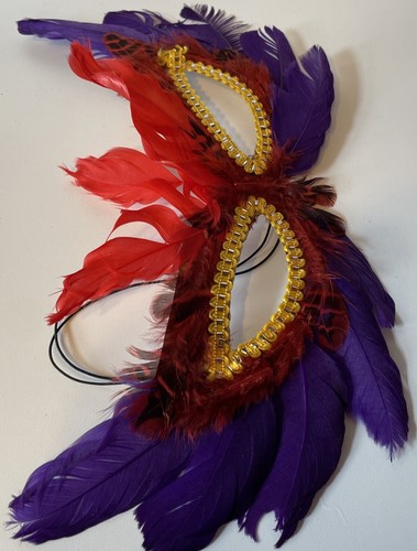Fancy Feather Eye Mask Costume Purple Red Gold Mardi Gras Halloween - Picture 5 of 8
