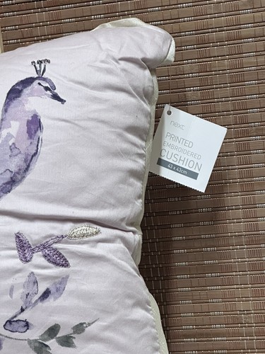 NEXT Mauve Cotton Sateen Printed Embroidered Beaded Peacock Cushion - Picture 11 of 18