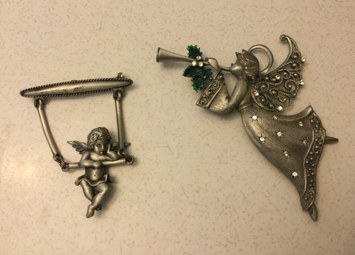 Vintage OJJ Silver Tone Metal Angel (s) Brooch Pin Lot Of 2