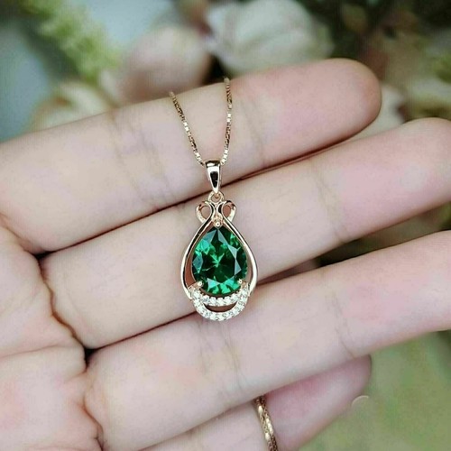 2Ct Pear Cut Lab-Created Green Emerald Pendant Necklace 14K Yellow Gold Plated - Picture 5 of 5