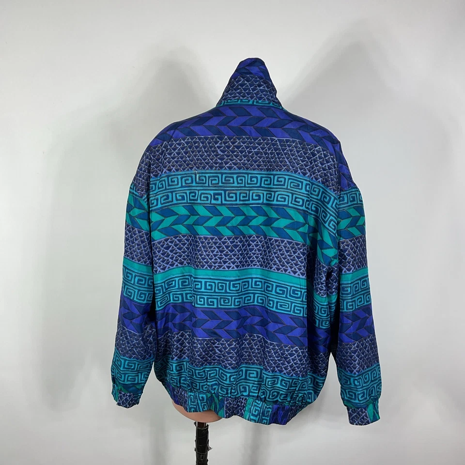 Chaqueta de bombardero vintage años 90 FUDA International púrpura verde azulado 100 % seda cremallera 1X AOP Foto 4 de 4