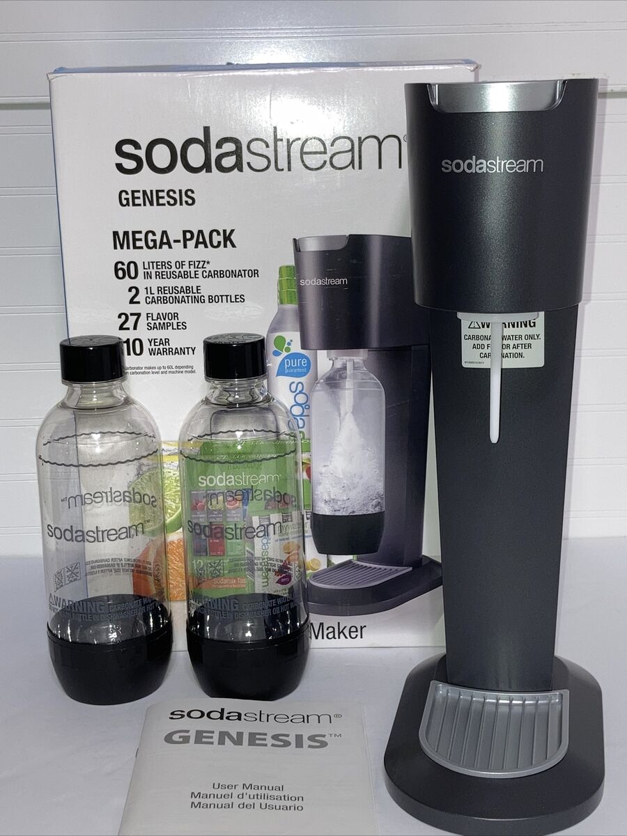 Soda Stream “Genesis”,(Dark Grey). Inc 2 Bottles & Caps, Manual, 1 Co2, Org Box. Soda Stream “Genesis”,(Dark Grey). Inc 2 Bottles & Caps, Manual, 1 Co2, Org Box.