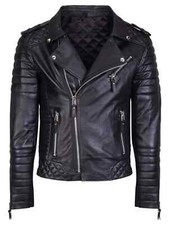 Men's MOTORCYCLE Quilted genuine REAL Leather Black Slim Fit Biker Jacket