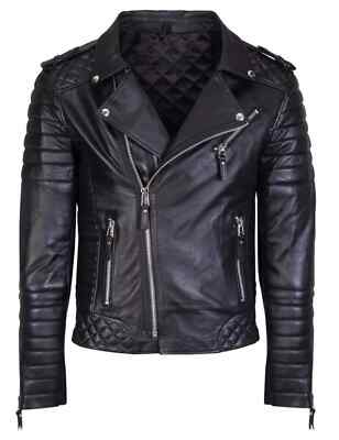 Men's MOTORCYCLE Quilted genuine REAL Leather Black Slim Fit Biker Jacket