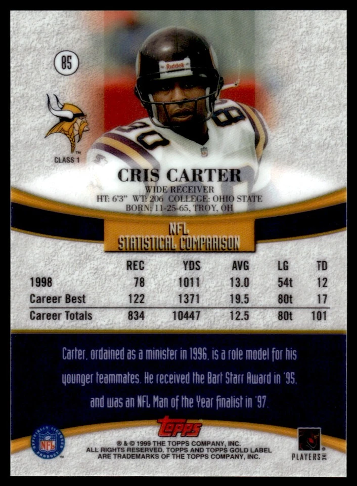 1999 Topps Gold Label CLASS 1 Cris Carter Minnesota Vikings #85 - Image 2 of 2