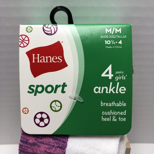 Ankle Socks Girls Shoe Size 10.5-4 Hanes Sport 4-Pair - Picture 3 of 6