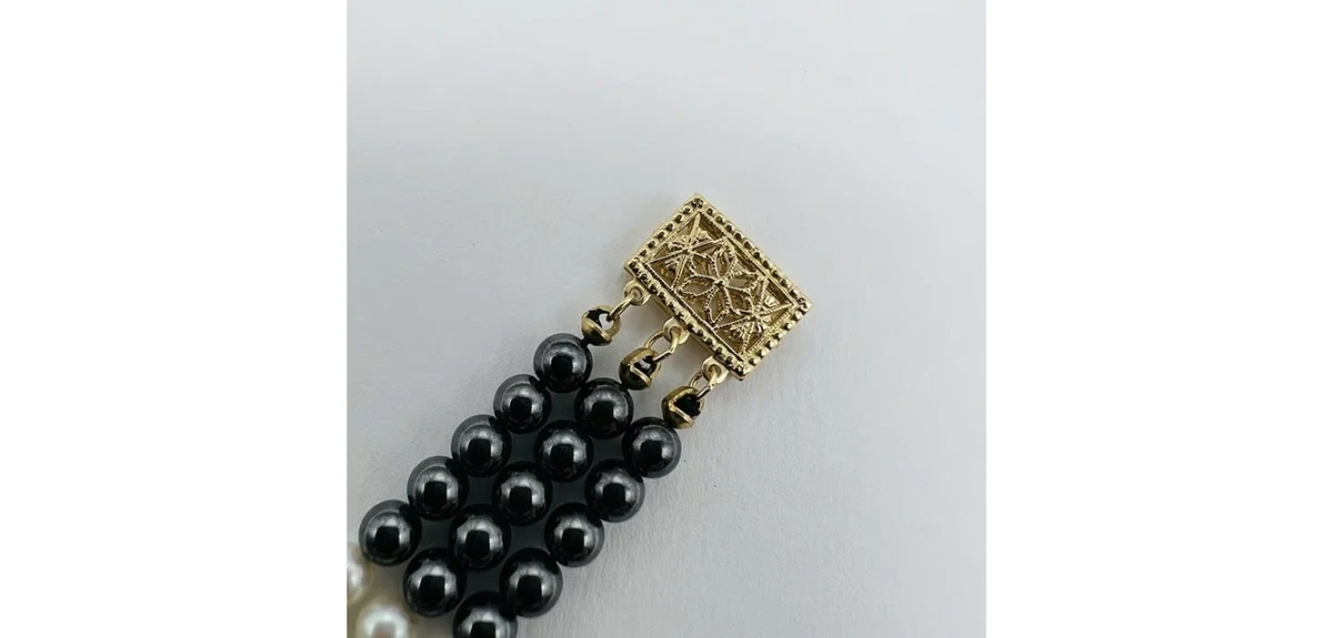 Vintage 14kt Gelbgold Hämatit und Perle 3 Strang Armband 6 3/4"