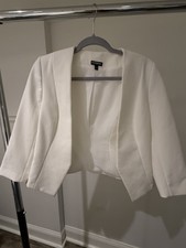 Express Ivory White Cropped Collarless Blazer Jacket Stretch 3/4 Sleeve Size 4