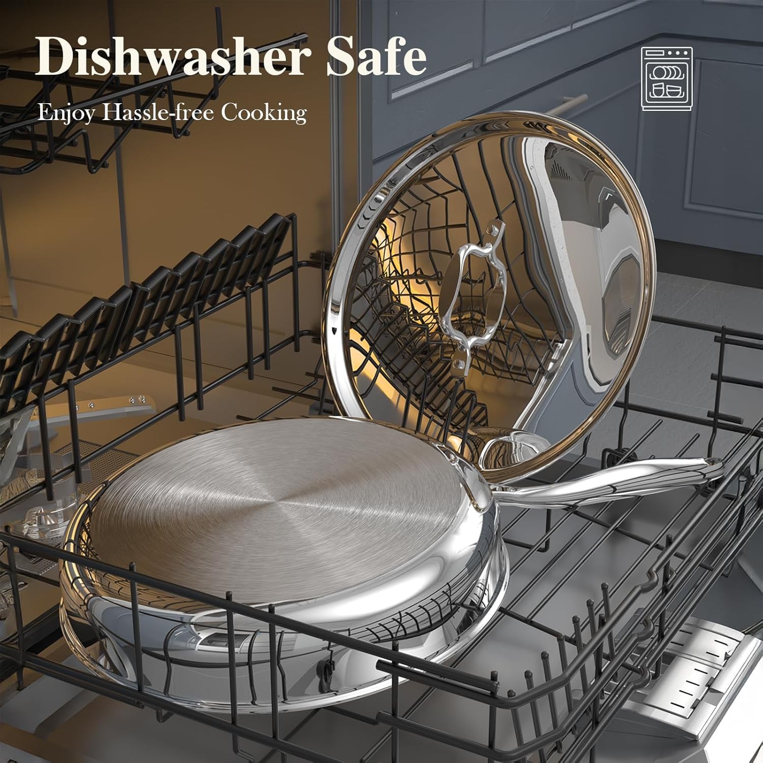 12 Inch Tri-Ply Stainless Steel Frying Pan, Frying Pan with Lid, PFOA/PTFE Free 