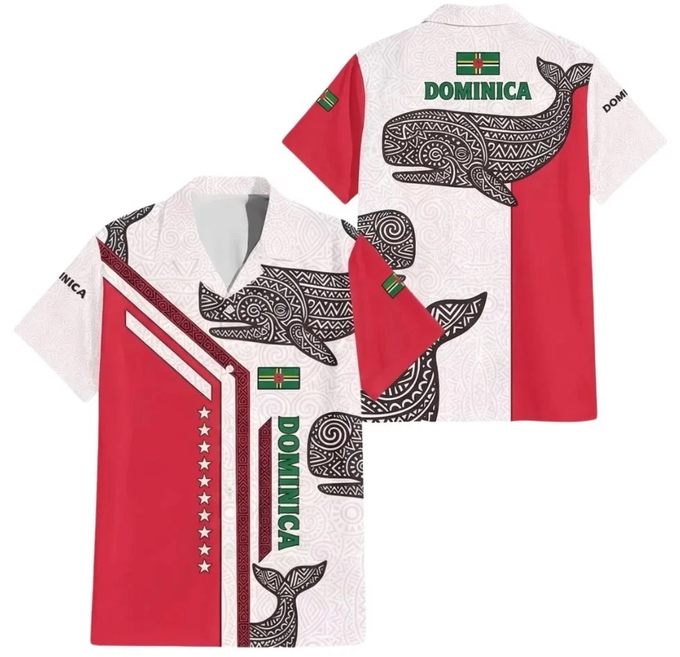 Dominica Hawaiian Shirt, Tribal Whale Aloha Button Up for Men