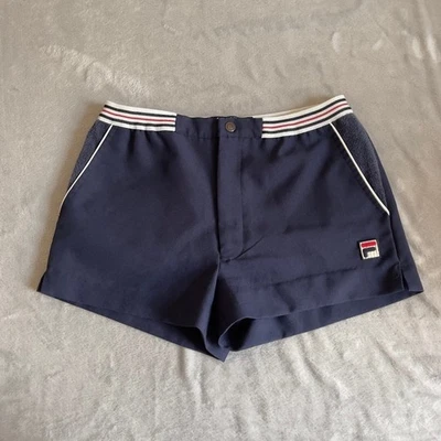 FILA Men's Shorts Small Blue Athletic Tennis Navy Blue Retro Stripe Waistband - Image 1 of 4