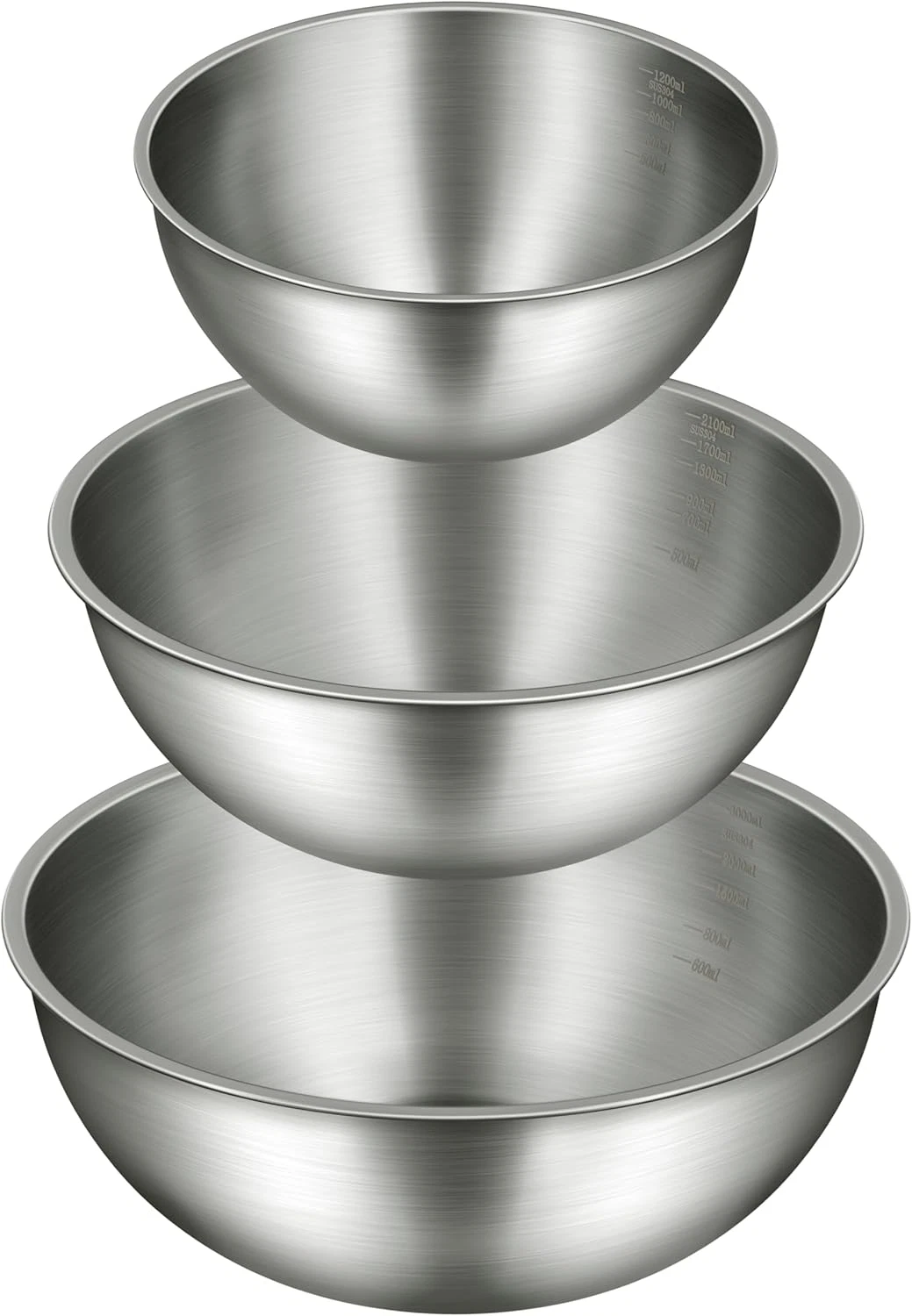 Metal Mixing Bowls, 304 Stainless Steel, Set of 3 (1.5, 2.2 & 3.4 Qt) – Thicker-