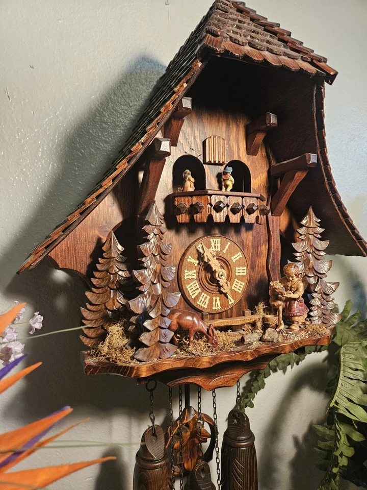 Beautiful Carved Unique German 8 Day Musical Cuckoo Clock With Dancers  - Image 2 of 4