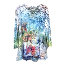 Jess & Jane Womens L Tunic Top Waffle Knit Watercolor Art Boho Lightweight