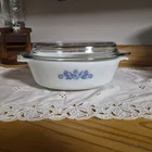Vintage Fire King Blue Cornflower Oval Casserole Dish 1.5 Quart Lid Milk Glass