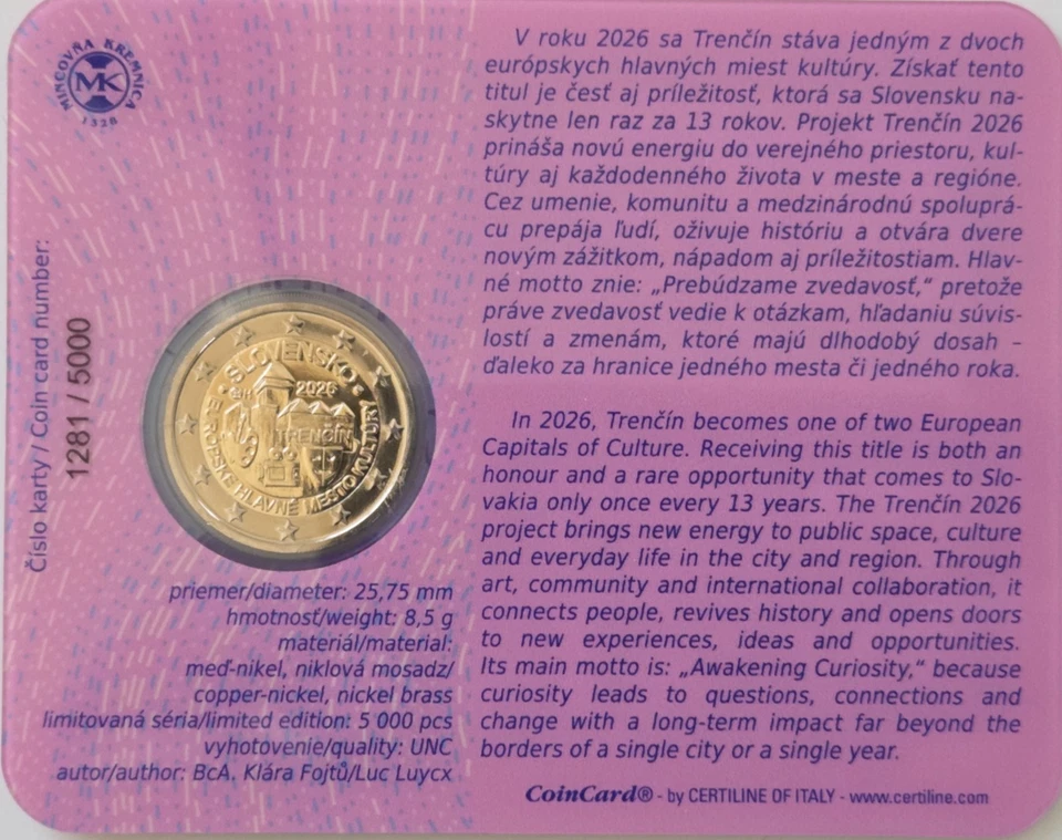 ~  2 Euro Trencin 2026 Stgl. Slowakei Coincard - Bild 2 von 3