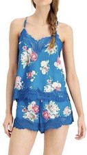 Lace Trim Satin Cami Shorts Pajama PJ Set XS Adjust. Strap Elastic Loungewear